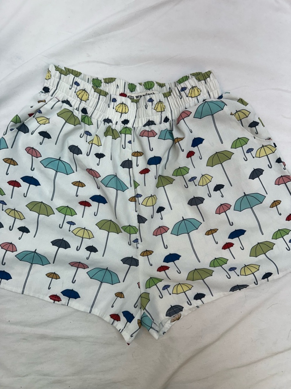 Sm Wardrobe High-Waist White Umbrella Print Elastic Waist Shorts S